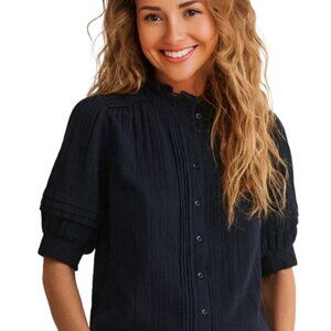 ME+EM Women's Short Sleeve Cheesecloth Blouse In Navy, Euro 42 US 10